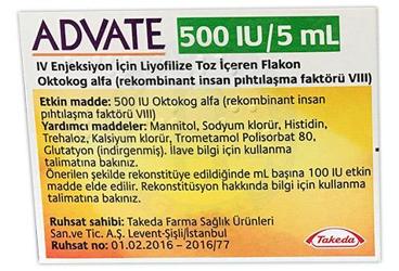 ADVATE 500 IU/5 ML IV ENJEKSIYON ICIN лиофилизированный порошок ICEREN флакон